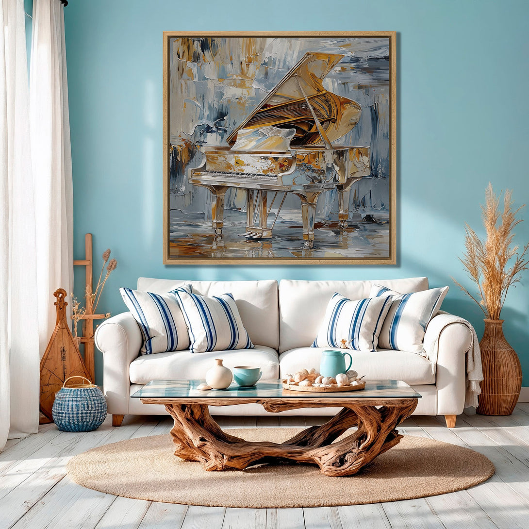 Framed Wall Art: Abstract piano painting in a modern interior. Features a warm, neutral color palette with blues and golds. Perfect for living room decor.