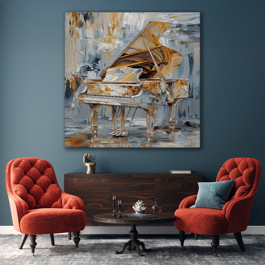 Framed Wall Art: Abstract piano painting in gold, blue, and neutral tones. Modern art canvas print perfect for living room decor.