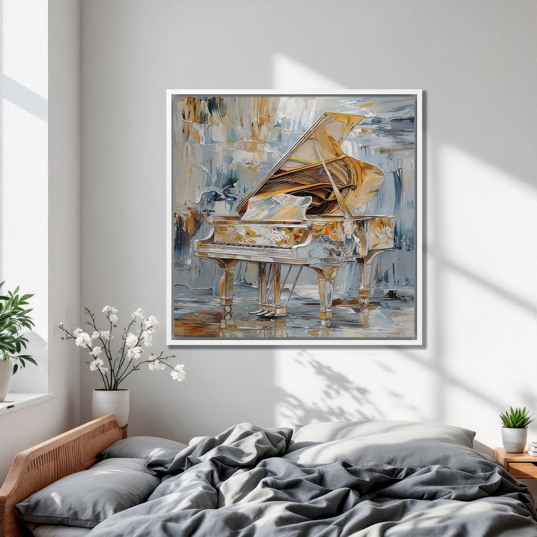 Framed Wall Art: Abstract piano painting with gold, blue, and white tones. Perfect for adding elegance to your home decor. Shop now!