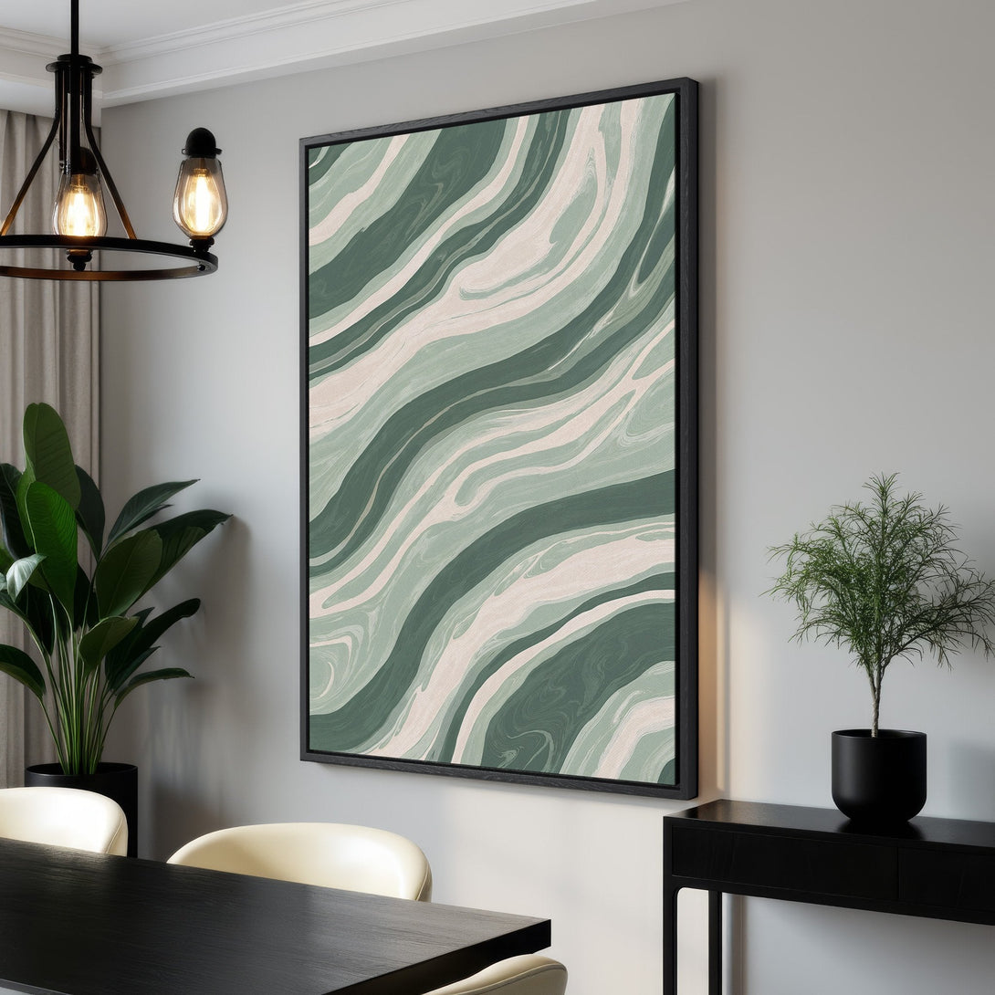 Framed Wall Art featuring abstract green and beige wave design. Modern art print perfect for living room or bedroom decor. Shop now!