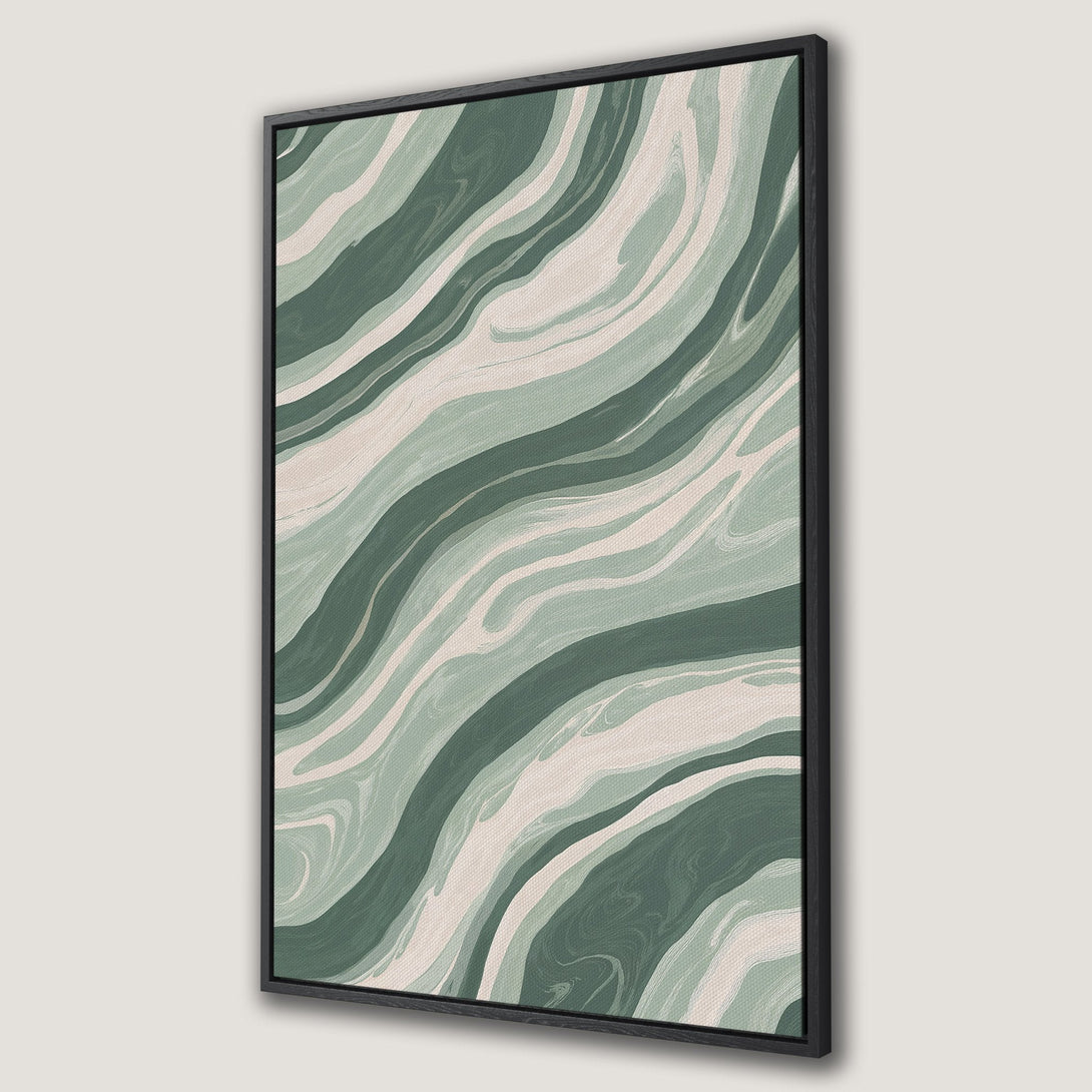 Framed Wall Art: Abstract canvas print with flowing, marbled design in shades of green and beige. Modern art for your home decor.