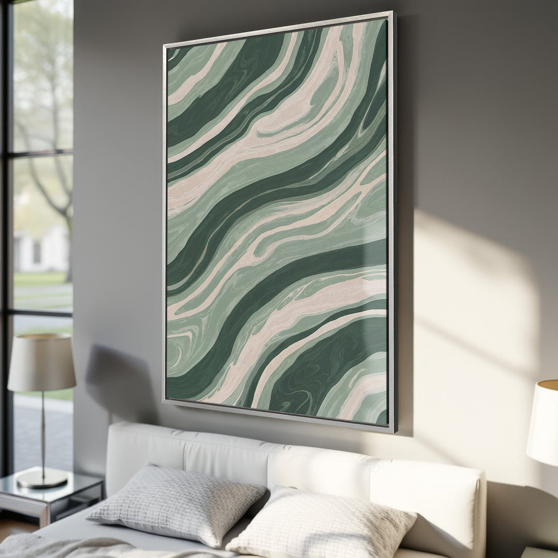 Framed Wall Art: Abstract wave design in green and neutral tones. Modern canvas print perfect for bedroom decor. Add a touch of art to your space!