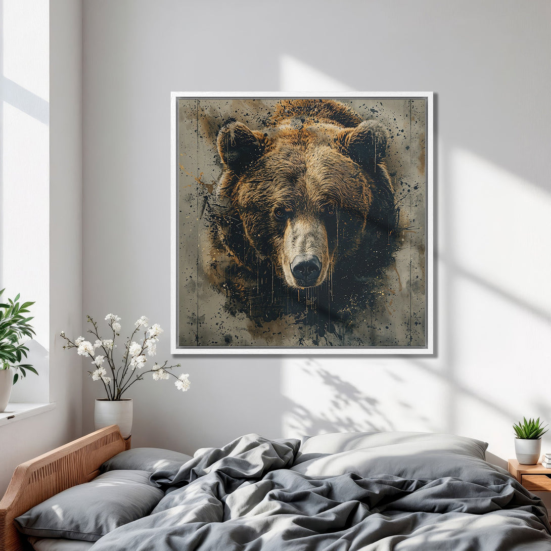 Framed Wall Art featuring a majestic bear portrait. Rustic style with brown and gray tones, perfect for bedroom decor. Add a touch of wilderness to your space!