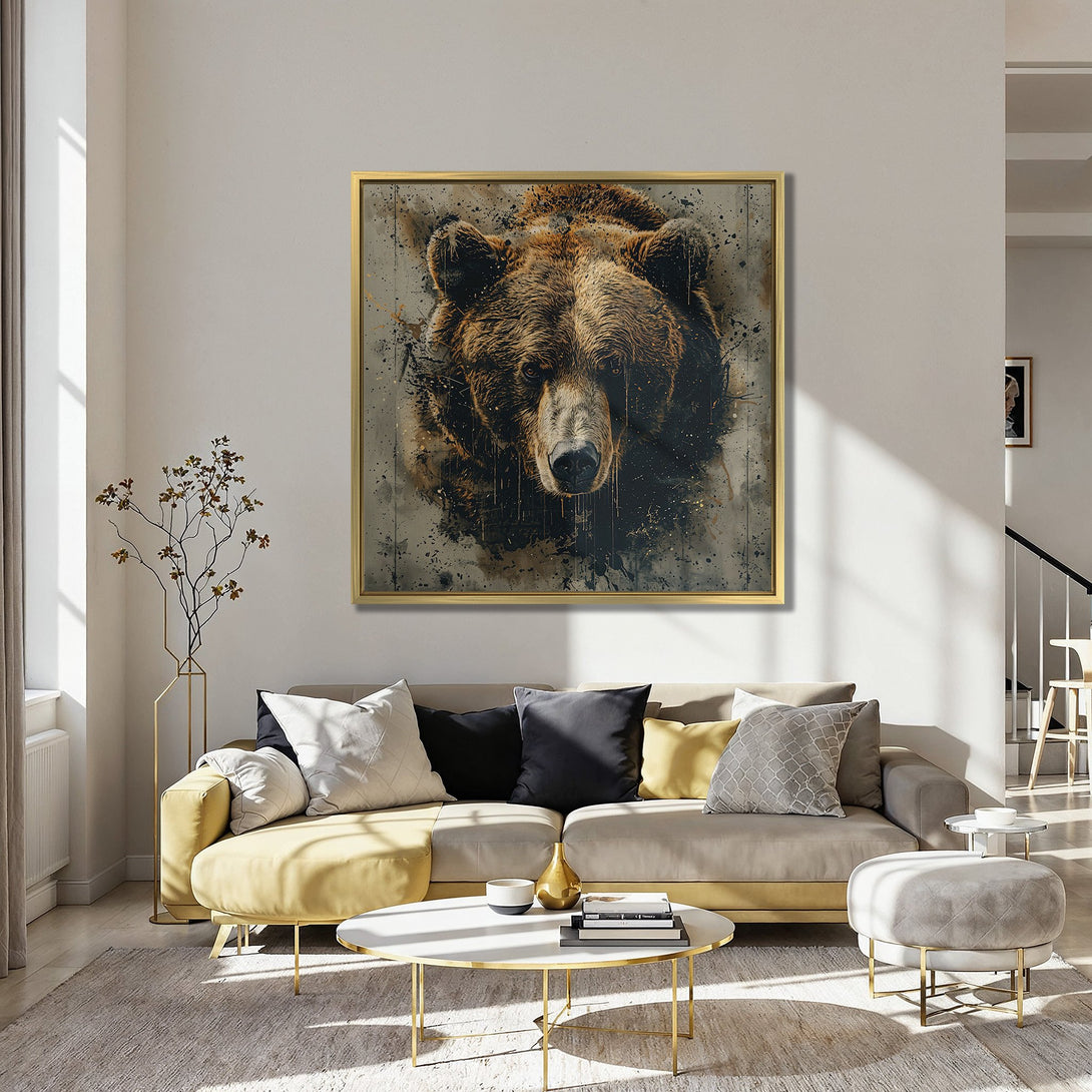 Canvas Print: Grizzly bear portrait in abstract watercolor style. Earthy tones with pops of gold, displayed in a modern interior.