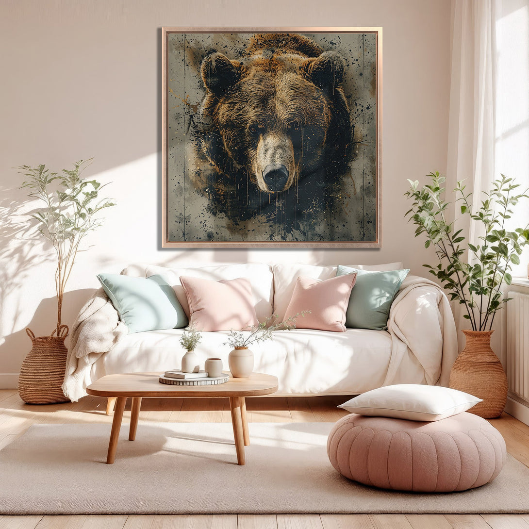 Framed Wall Art: Grizzly bear portrait in a modern, watercolor style. Earthy tones with pops of color create a stylish focal point for any room.