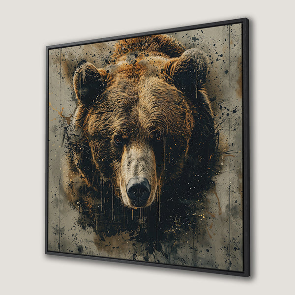Framed Wall Art: Grizzly bear portrait in a modern, abstract style. Earthy tones with splashes of gold. Add a touch of wilderness to your home!