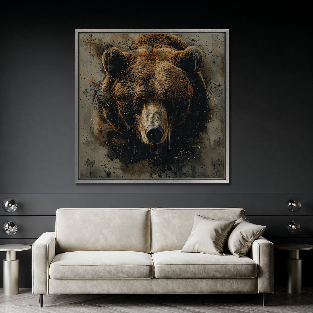 Framed Wall Art: Grizzly bear portrait in a modern, abstract style. Earthy brown and gray color palette. Perfect for adding a touch of wilderness to your space.