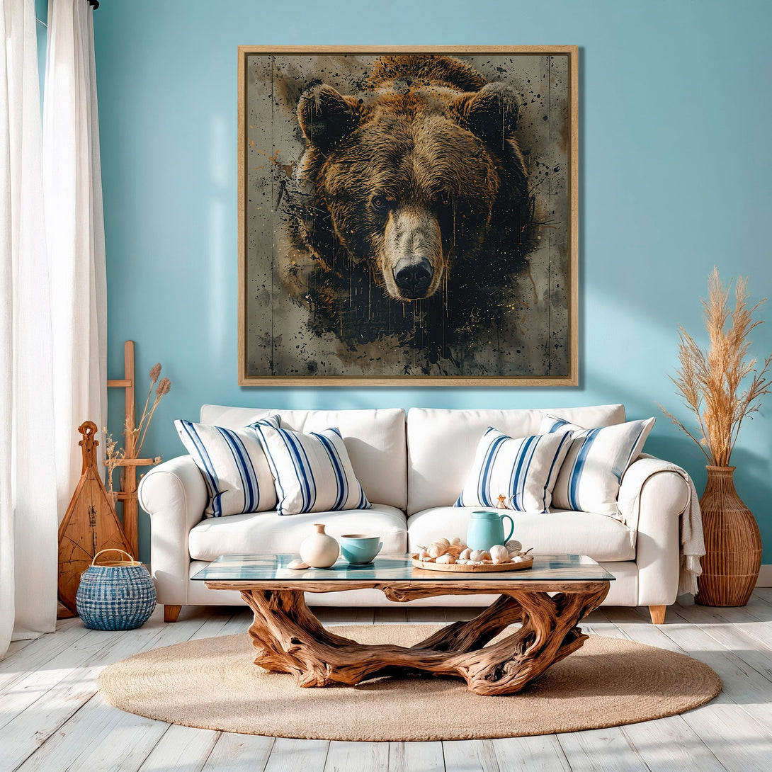 Framed Wall Art featuring a majestic bear in a watercolor style, warm brown tones against a cool blue backdrop. Perfect for modern home decor.