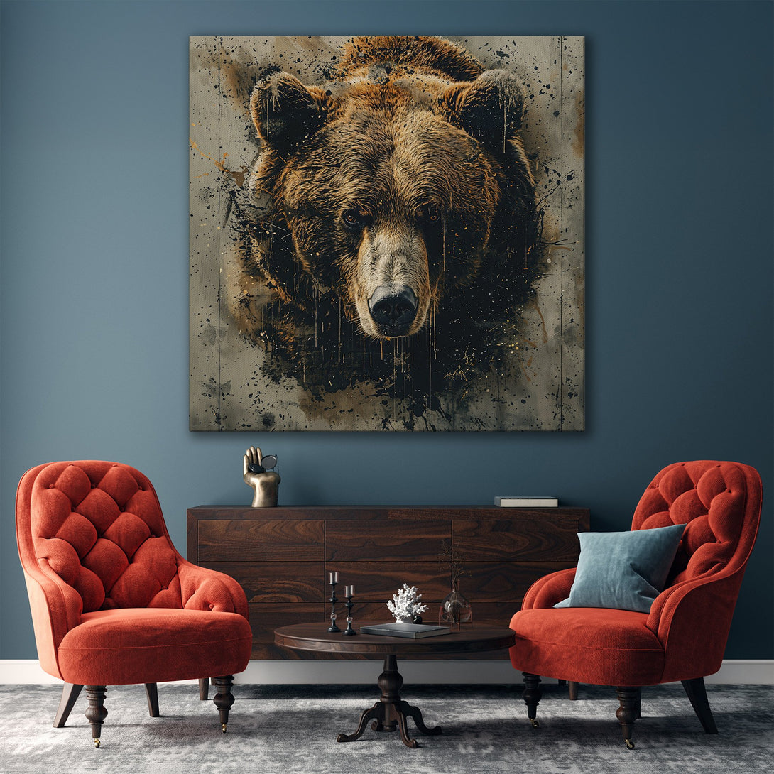 Framed Wall Art featuring a majestic bear in an abstract style with a brown and gold color palette, perfect for modern home decor.