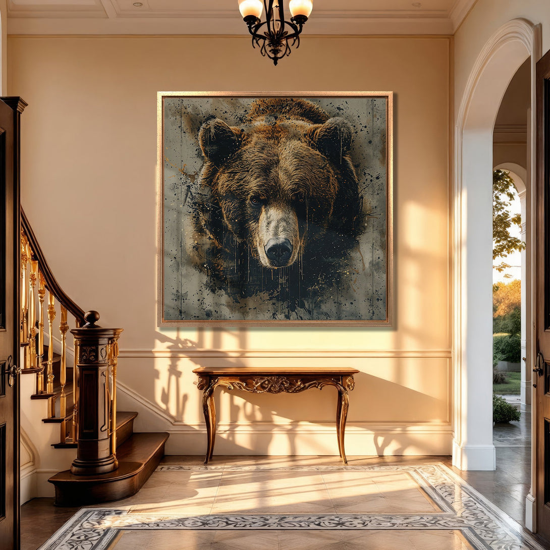 Framed Wall Art: Grizzly bear portrait in a modern, abstract style. Earthy tones of brown, gray, and gold. Perfect for adding wildlife art to your home.