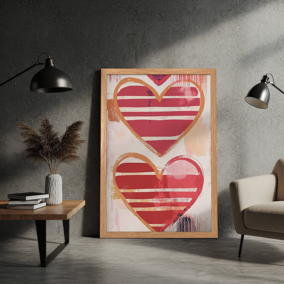 Framed Poster featuring abstract hearts in red and orange hues, perfect for modern wall decor. Enhance your space with this stylish art print!