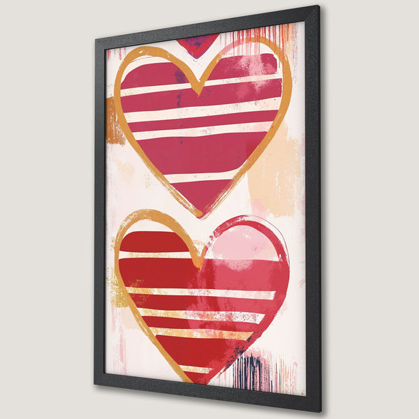 Framed Poster featuring abstract hearts in red, gold, and blush tones. Modern art style perfect for adding a pop of color and love to any space.