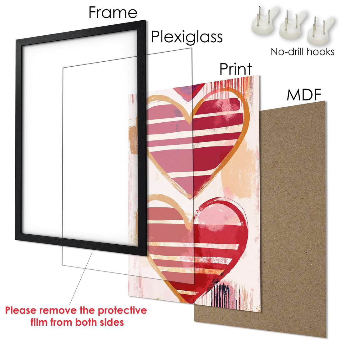 Framed Poster featuring abstract hearts in red and pink hues, perfect wall art for your home decor.