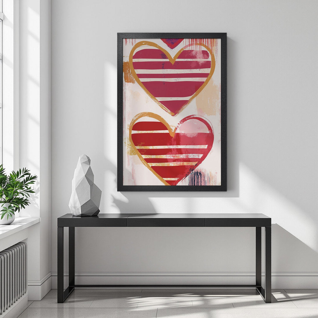 Framed Poster featuring abstract hearts in red, gold, and white. Modern art print perfect for home decor.