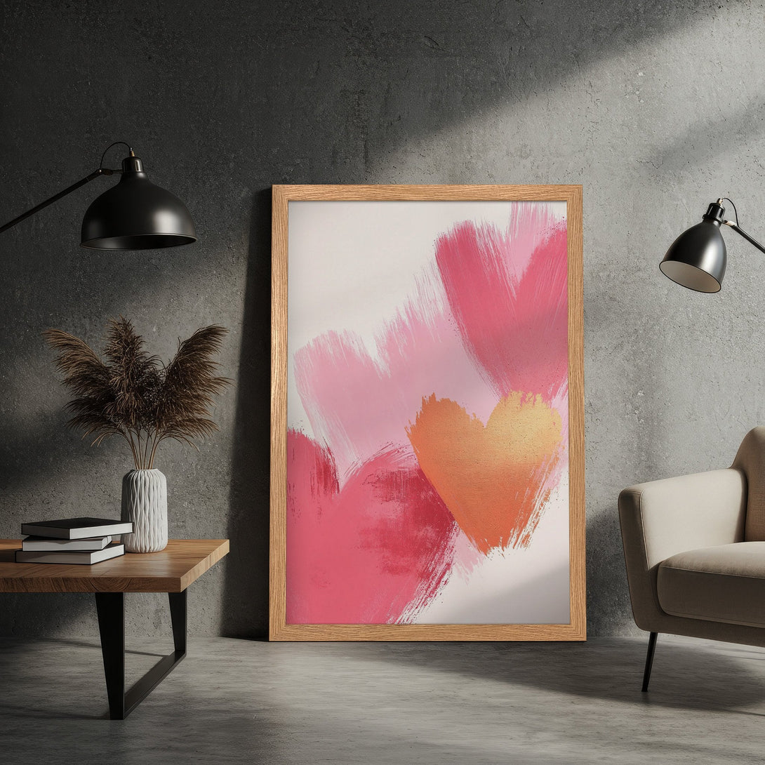 Framed Poster featuring abstract heart art in pink and gold hues. Modern brushstroke style, perfect wall decor.