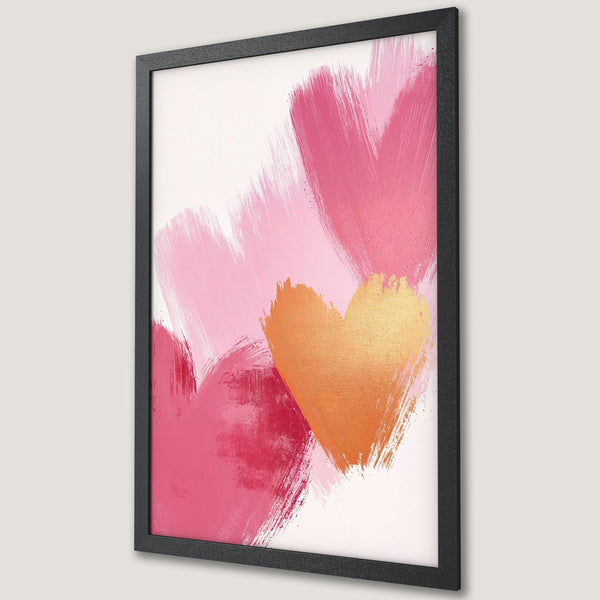 Framed Poster featuring abstract hearts in pink and gold brushstrokes. Modern art print perfect for home decor.