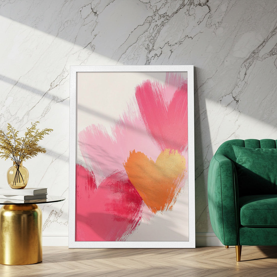 Framed Poster featuring abstract hearts in pink and gold hues, perfect for adding a pop of color to your home decor.