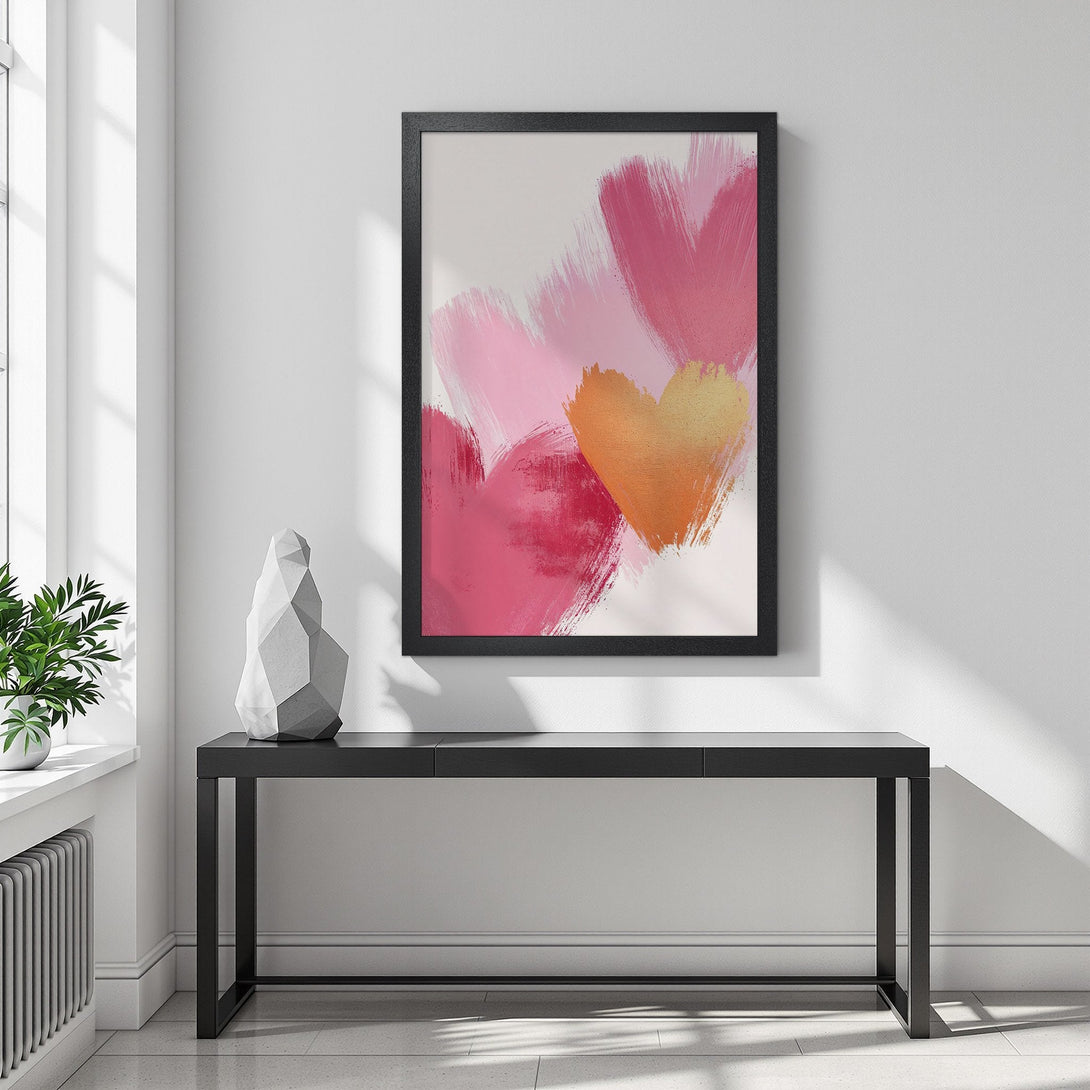 Framed Poster featuring abstract hearts in pink and gold, modern art style, perfect for home decor.