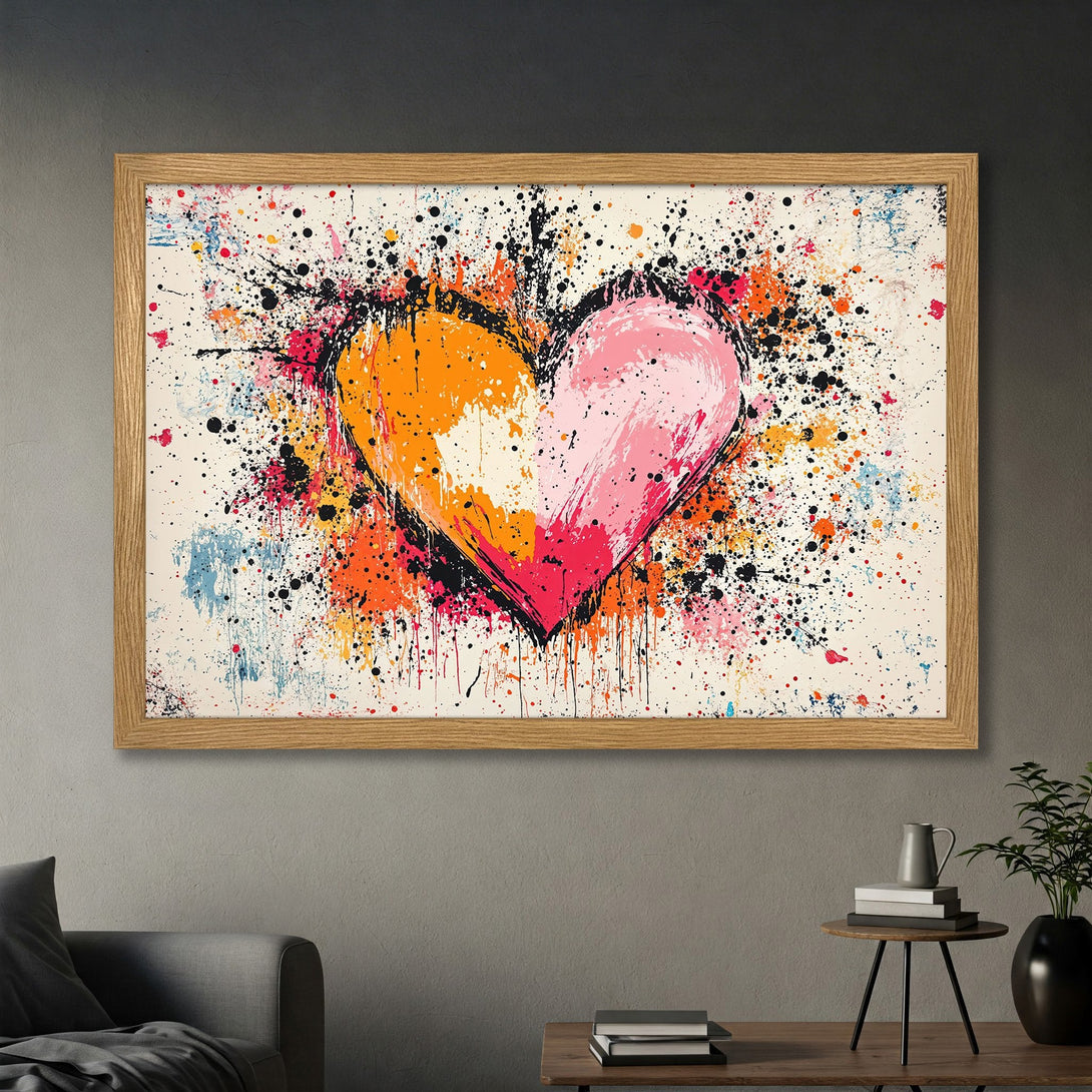 Framed Poster featuring a vibrant, abstract heart design with a colorful paint splatter style. Bold pink, orange, and black hues. Perfect wall art!