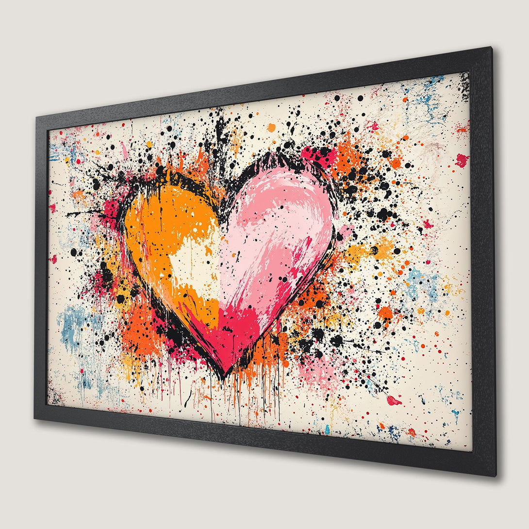 Framed Poster featuring a vibrant heart in abstract splatter art style. Bold orange, pink, and black color palette.