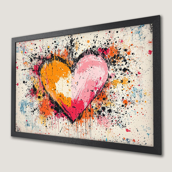 Framed Poster featuring a vibrant heart in abstract splatter art style. Bold orange, pink, and black color palette.