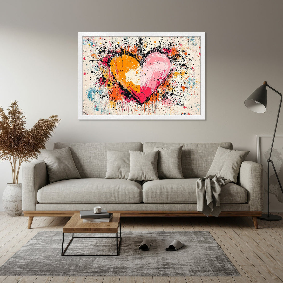 Framed Poster featuring a vibrant, abstract heart design with a colorful splatter style and warm, bright palette. Perfect wall art!