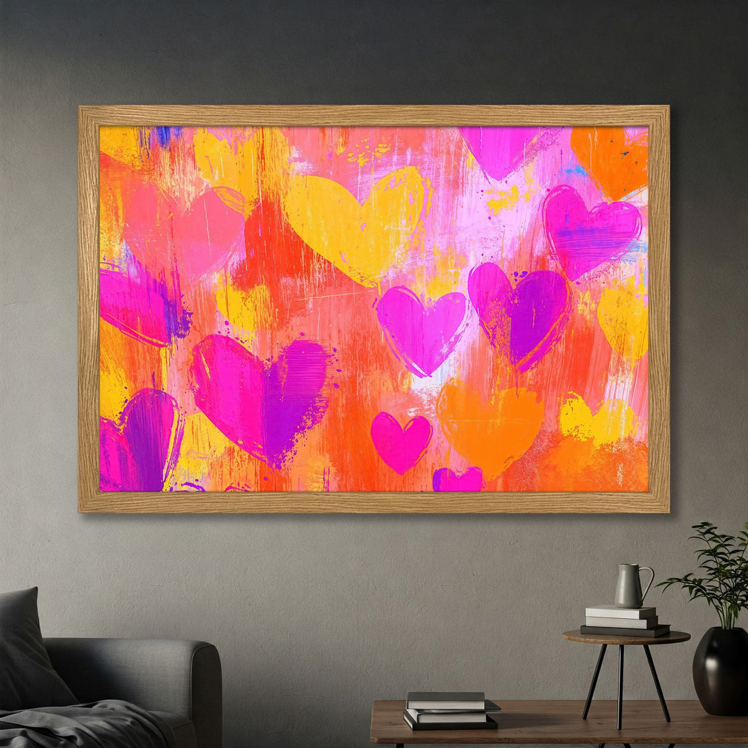Framed Poster featuring vibrant abstract hearts in pink, orange, and yellow. Modern art style, perfect for home decor.