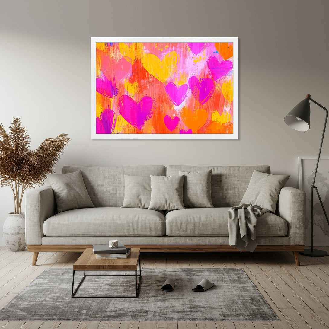 Framed Poster featuring abstract hearts in vibrant pink, orange, and yellow hues. Modern art style, perfect for adding a pop of color!
