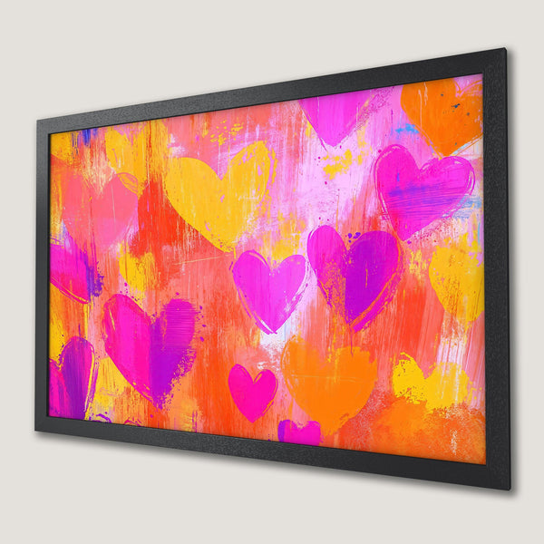 Framed Poster featuring vibrant heart art in a bold, abstract style with a warm, colorful palette of pink, orange, and yellow.