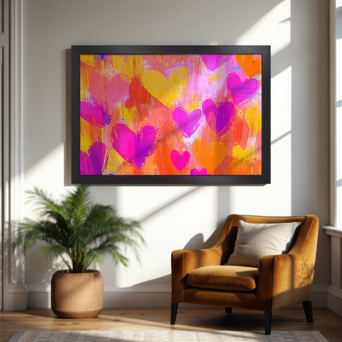 Framed Poster featuring abstract hearts in vibrant pink, orange, and yellow hues. Perfect art for your home!