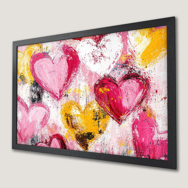 Framed Poster featuring abstract heart art in pink, red, and yellow. Modern style, perfect for adding love to your space!