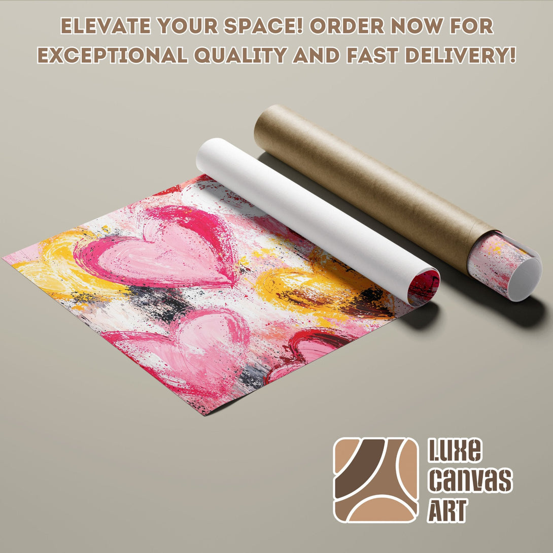 Abstract heart art Poster Roll in pink, yellow, and white. Elevate your space with Luxe Canvas Art!