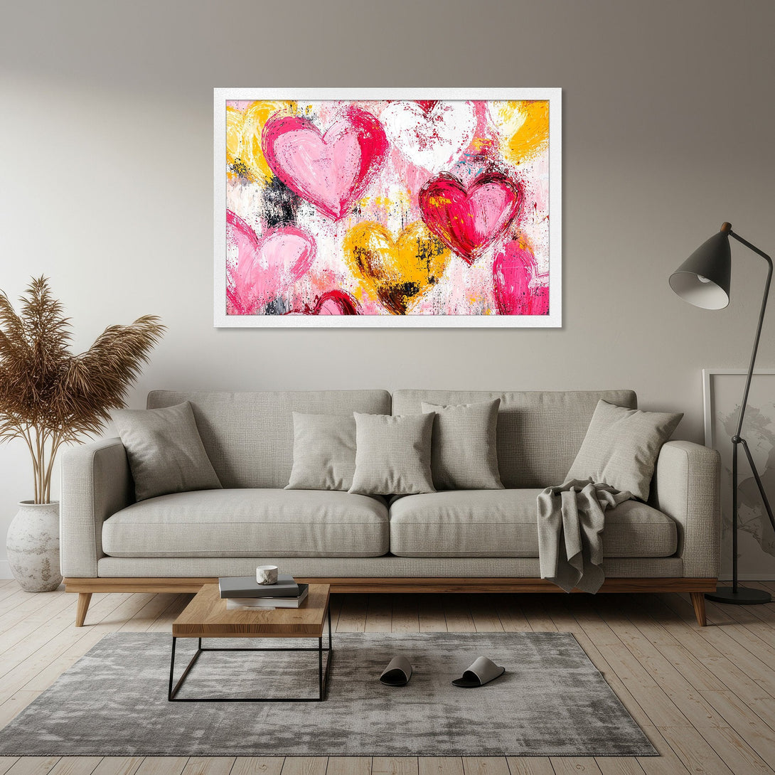 Framed Poster featuring abstract hearts in pink, yellow, and red. Modern art style with a vibrant color palette, perfect for home decor.