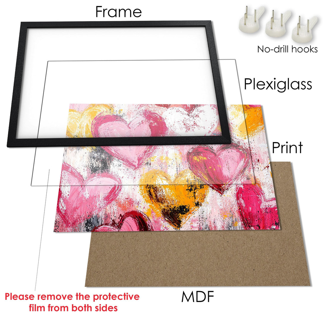 Framed Poster featuring abstract hearts in pink, yellow, and red with a modern, expressive style. Perfect wall art!