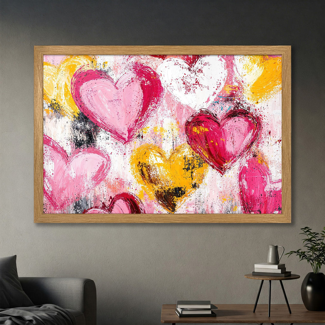 Framed Poster featuring abstract hearts in pink, yellow, and red. Modern art print for home decor.