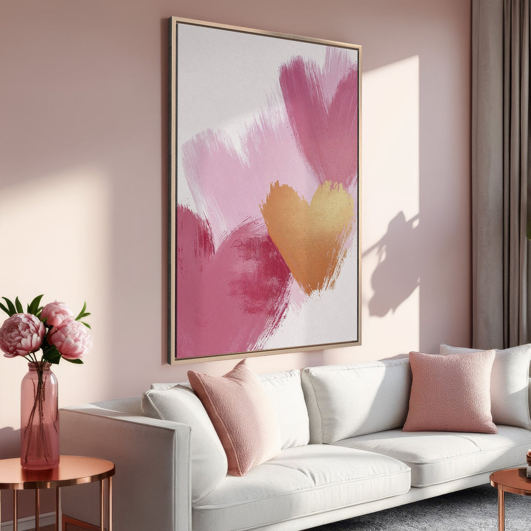 Framed Wall Art: Abstract heart painting in pink and gold hues. Modern art for home decor. Adds a touch of love to any space.