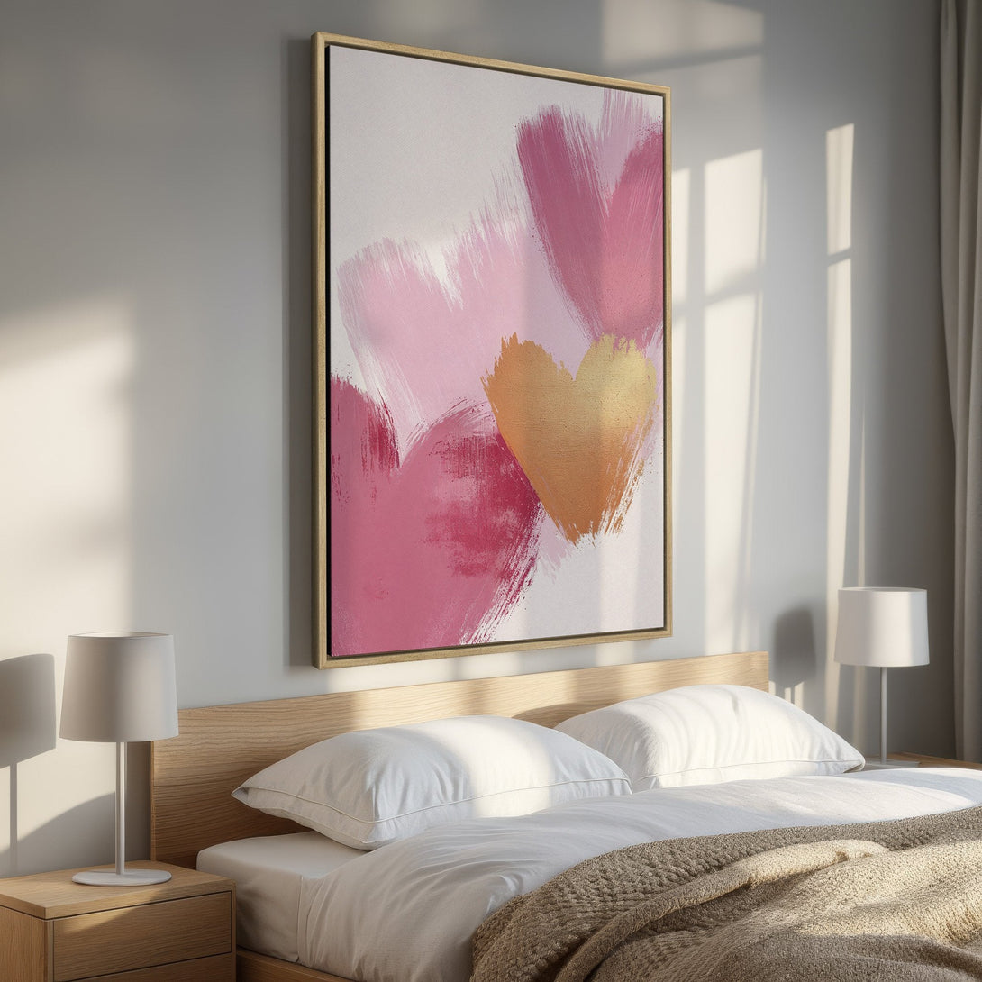 Framed Wall Art: Abstract heart painting in pink & gold. Modern brushstroke style, perfect for bedroom decor. Add a touch of love to your space!