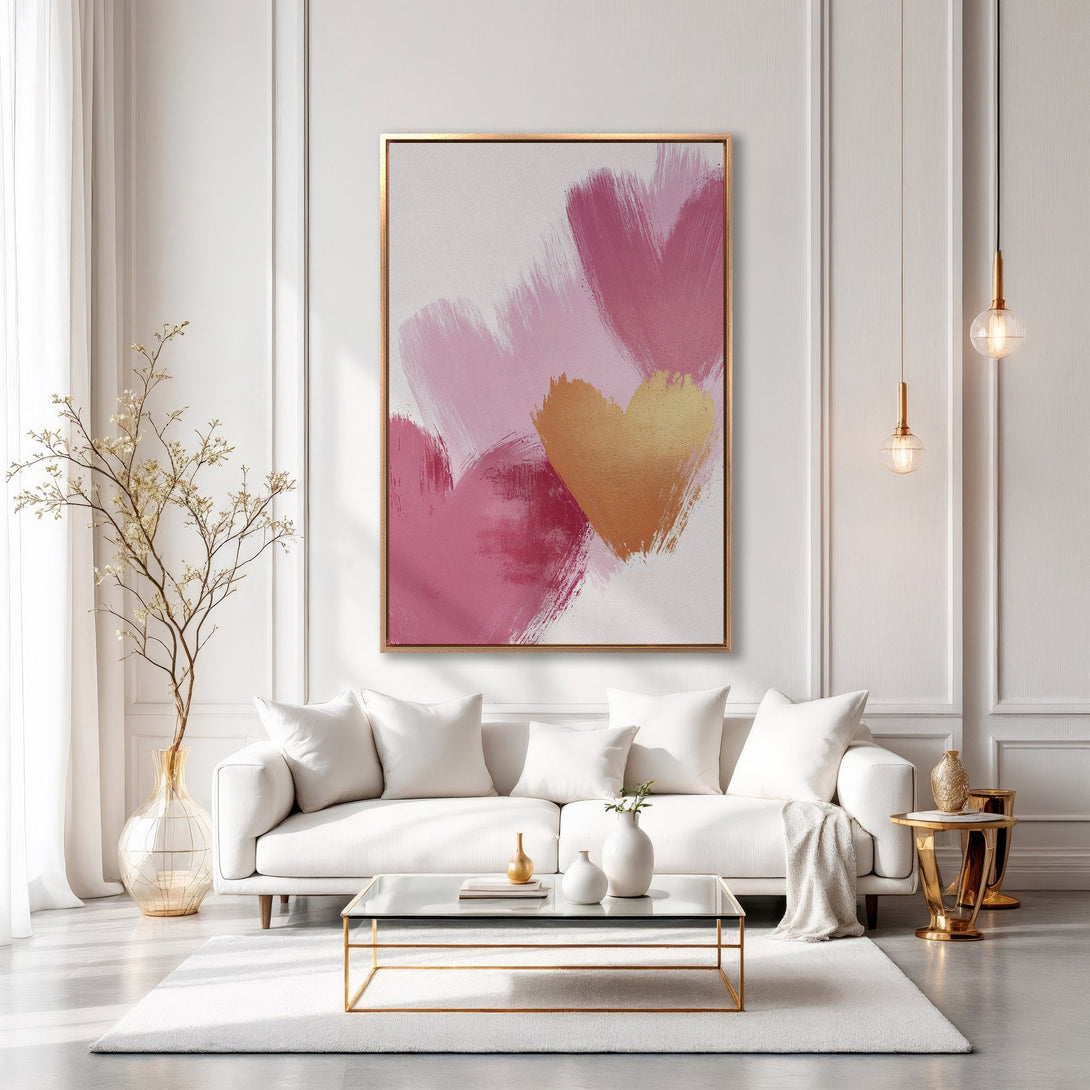 Framed Wall Art: Abstract heart painting in pink and gold tones. Modern art decor for a stylish living room. Add a touch of love to your space!