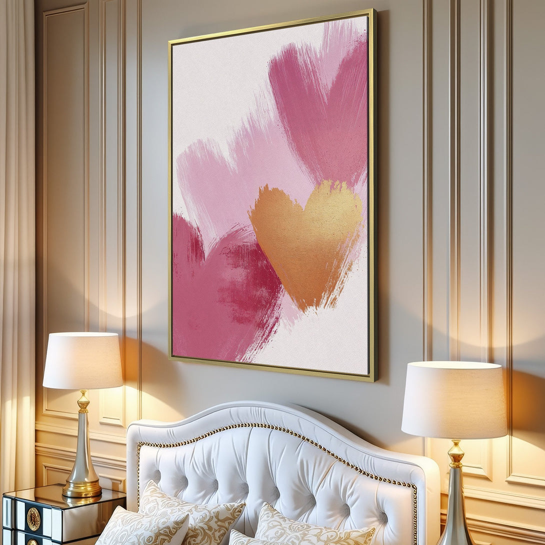 Canvas Print featuring abstract heart art in pink and gold hues. Modern wall decor for a stylish interior.
