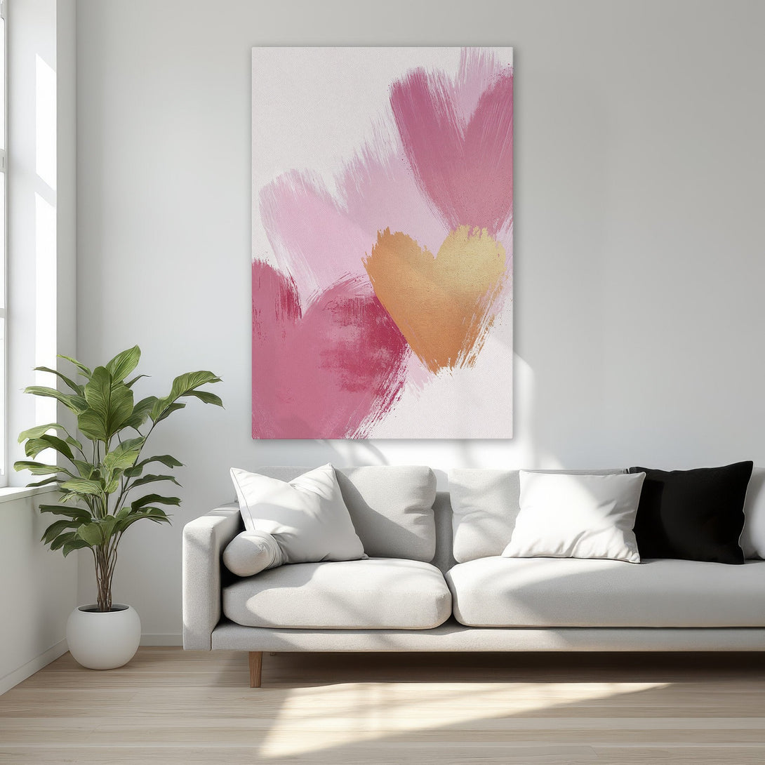 Framed Wall Art featuring abstract hearts in pink and gold hues. Modern canvas print adds a touch of elegance to any interior. Shop now!