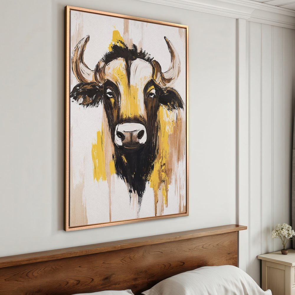 Framed Wall Art: Abstract bull portrait in yellow, black, and brown. Modern canvas print for stylish home decor.