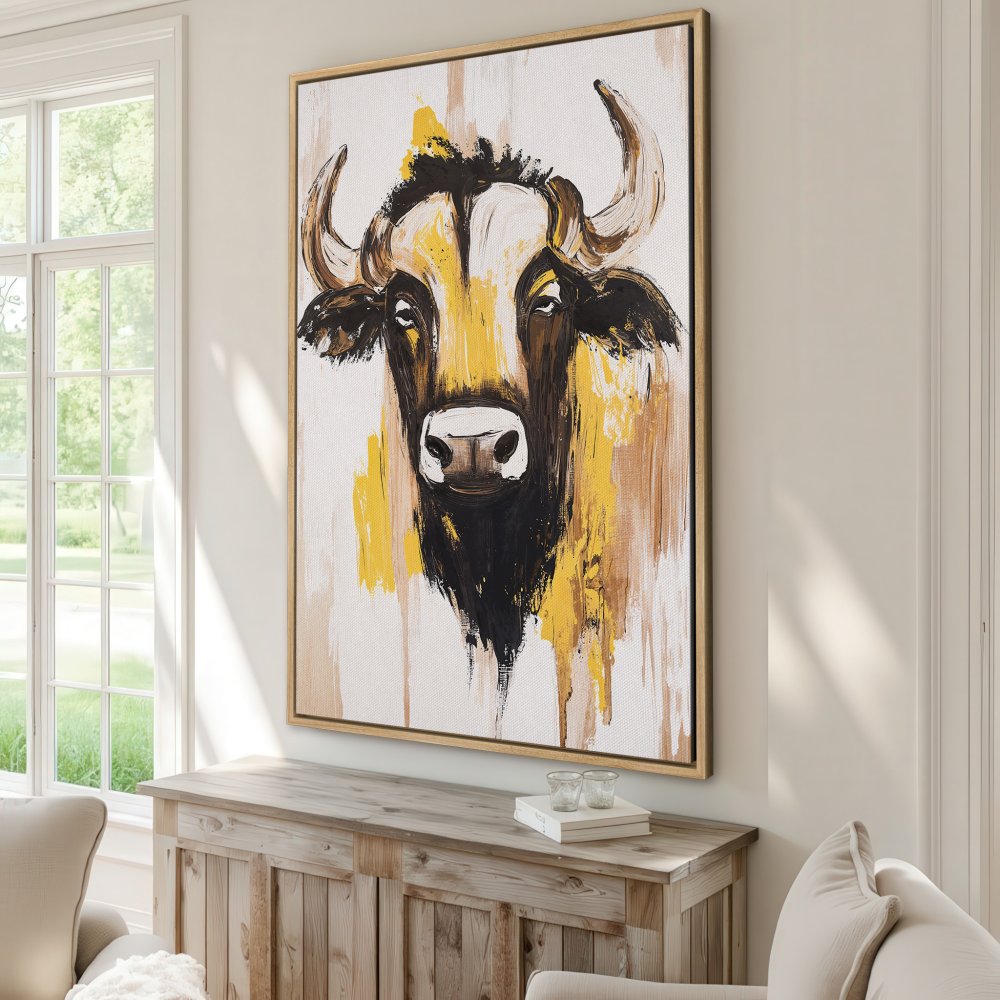 Framed Wall Art featuring a bold bull portrait in abstract style with a yellow, black, and brown color palette. Perfect for modern home decor!