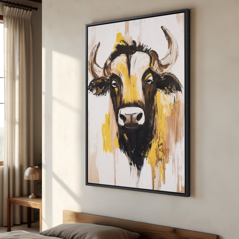 Framed Wall Art: Abstract bull portrait in yellow, black, and brown. Modern canvas print adds a bold statement to any interior. Shop now!