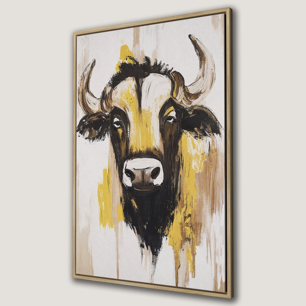 Framed Wall Art: Bold bull portrait in abstract style, featuring a striking palette of black, yellow, and brown. Perfect statement piece for any space!