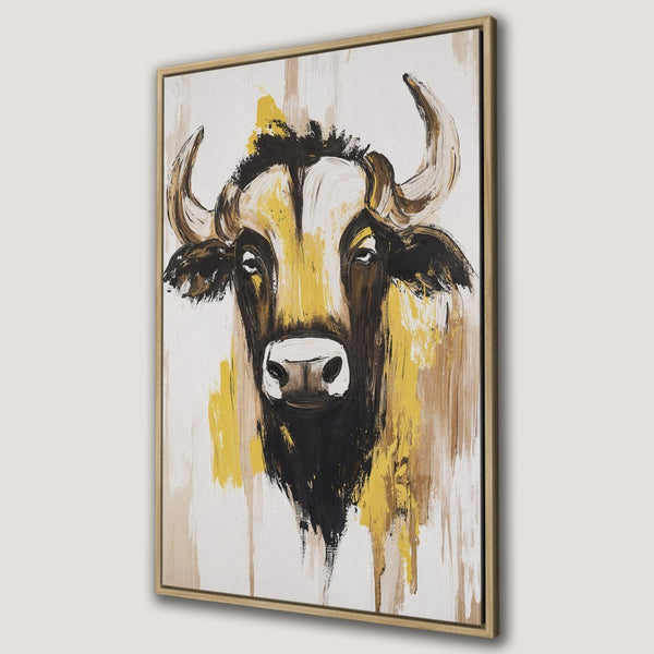 Framed Wall Art: Bold bull portrait in abstract style, featuring a striking palette of black, yellow, and brown. Perfect statement piece for any space!