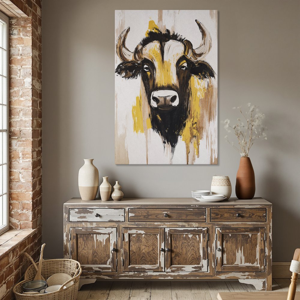 Framed Wall Art: Abstract bull portrait in yellow, black, and brown. Modern canvas print adds rustic charm to dining room decor.