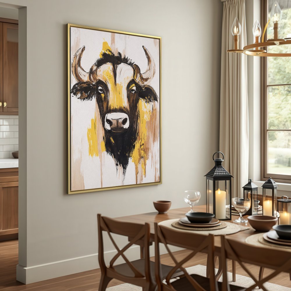 Abstract Canvas Print of a bull in yellow, black, and white. Modern wall art for rustic home decor.