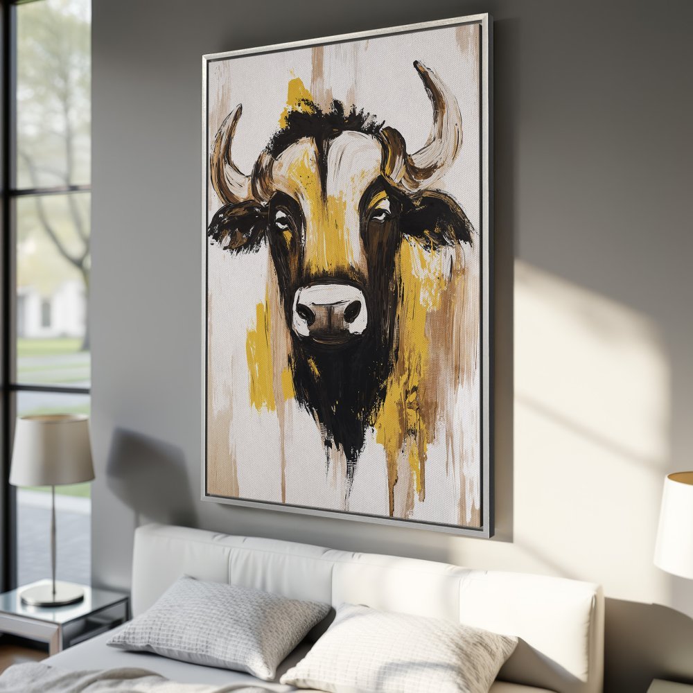 Framed Wall Art: Abstract bull portrait in yellow, brown, and black. Modern canvas print adds a bold statement to any room. Shop now!