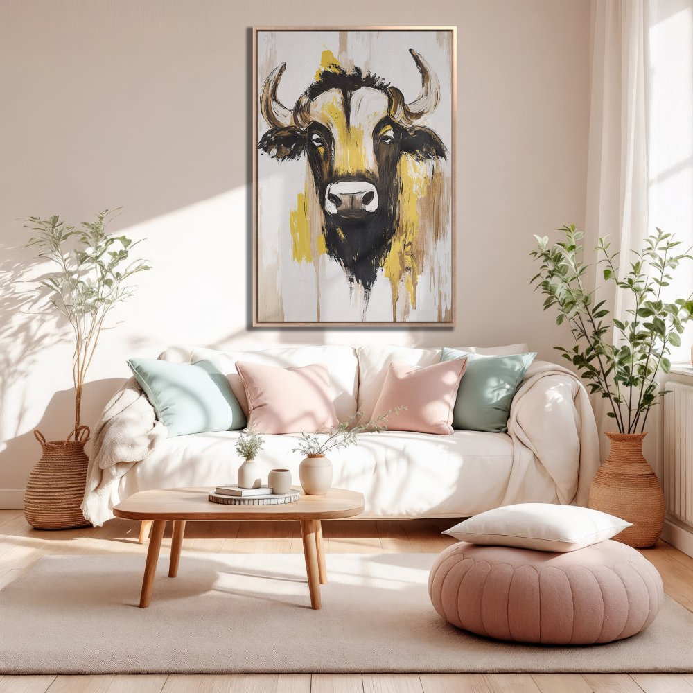 Framed Wall Art: Abstract bull painting in yellow, black, and gold. Modern canvas print for living room decor.