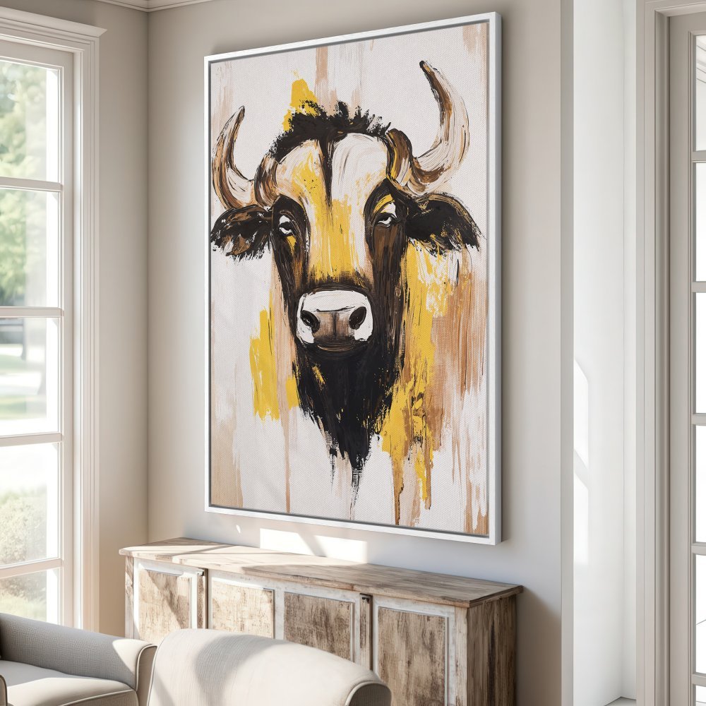 Framed Wall Art: Abstract bull portrait in yellow, brown, and black. Modern canvas print adds a bold statement to any interior decor.